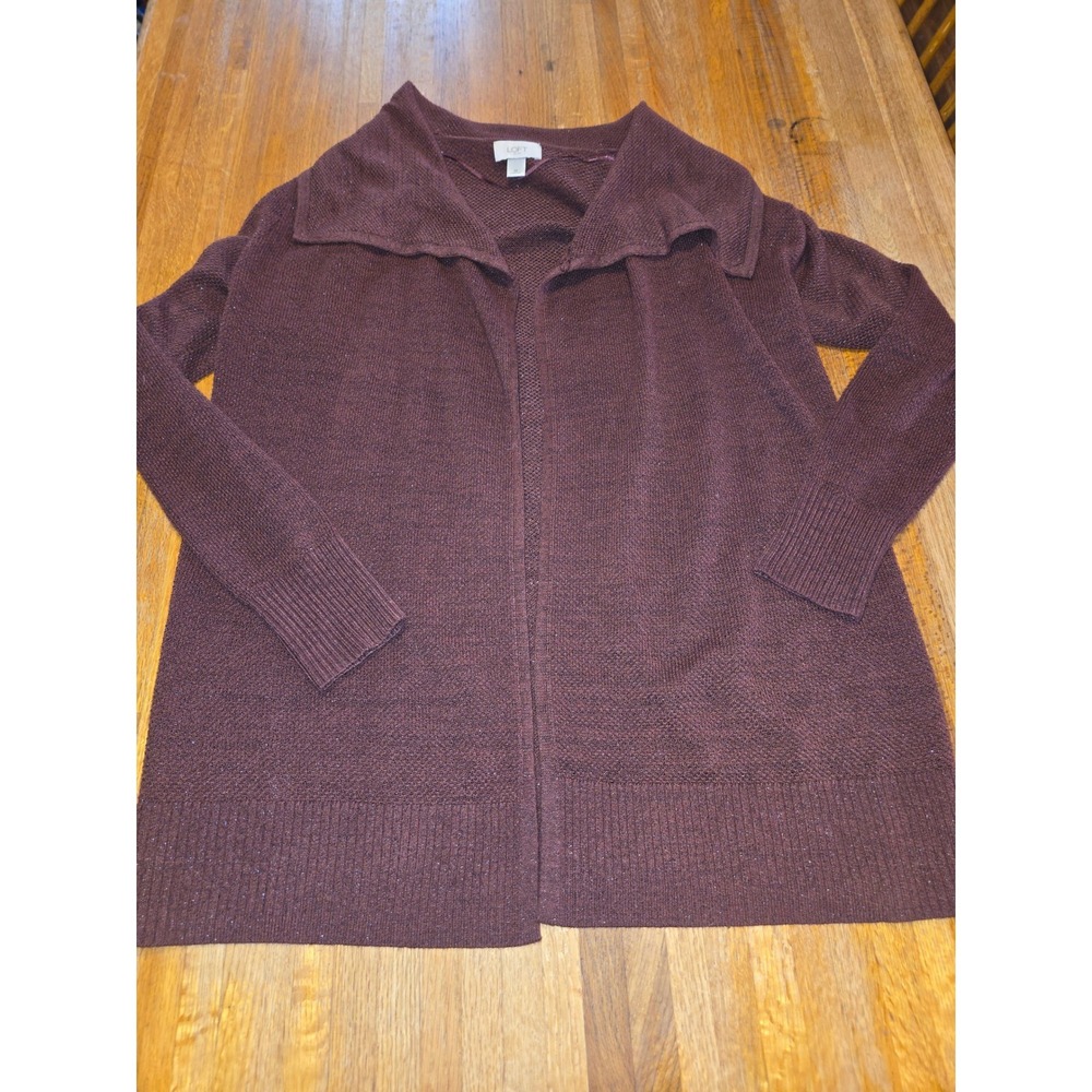 Loft Women Medium Maroon Metallic Drape Neck Open Front Waffle Knit Cardigan‎